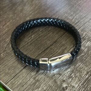 Black Braided Leather Bracelet with Silver Clasp